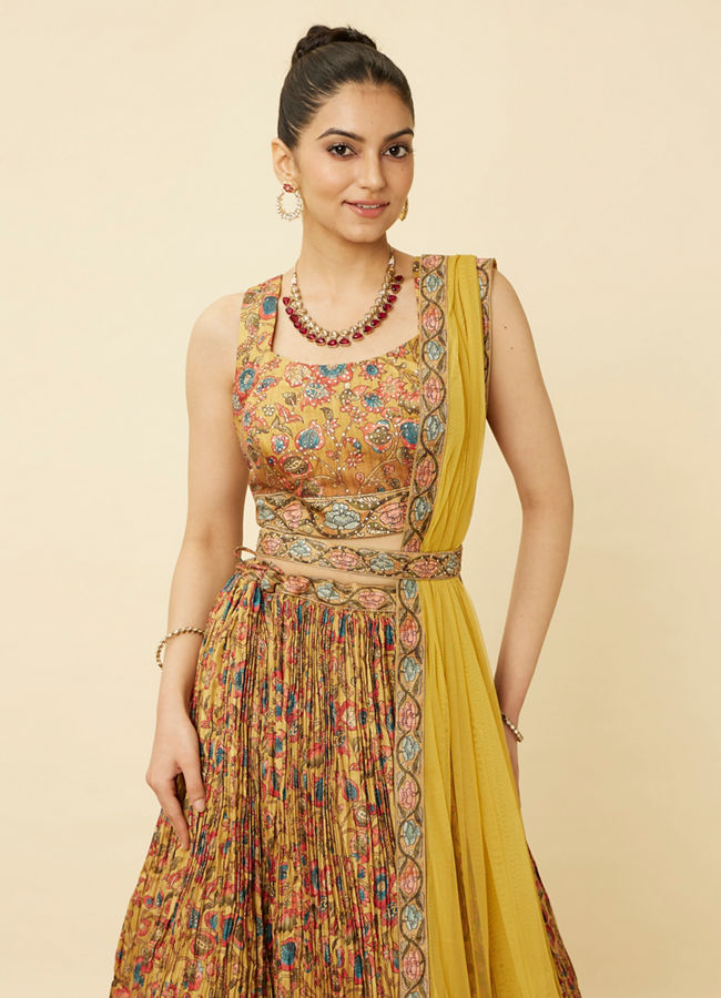 Mustard Yellow Floral Printed Skirt Top Set image number 1